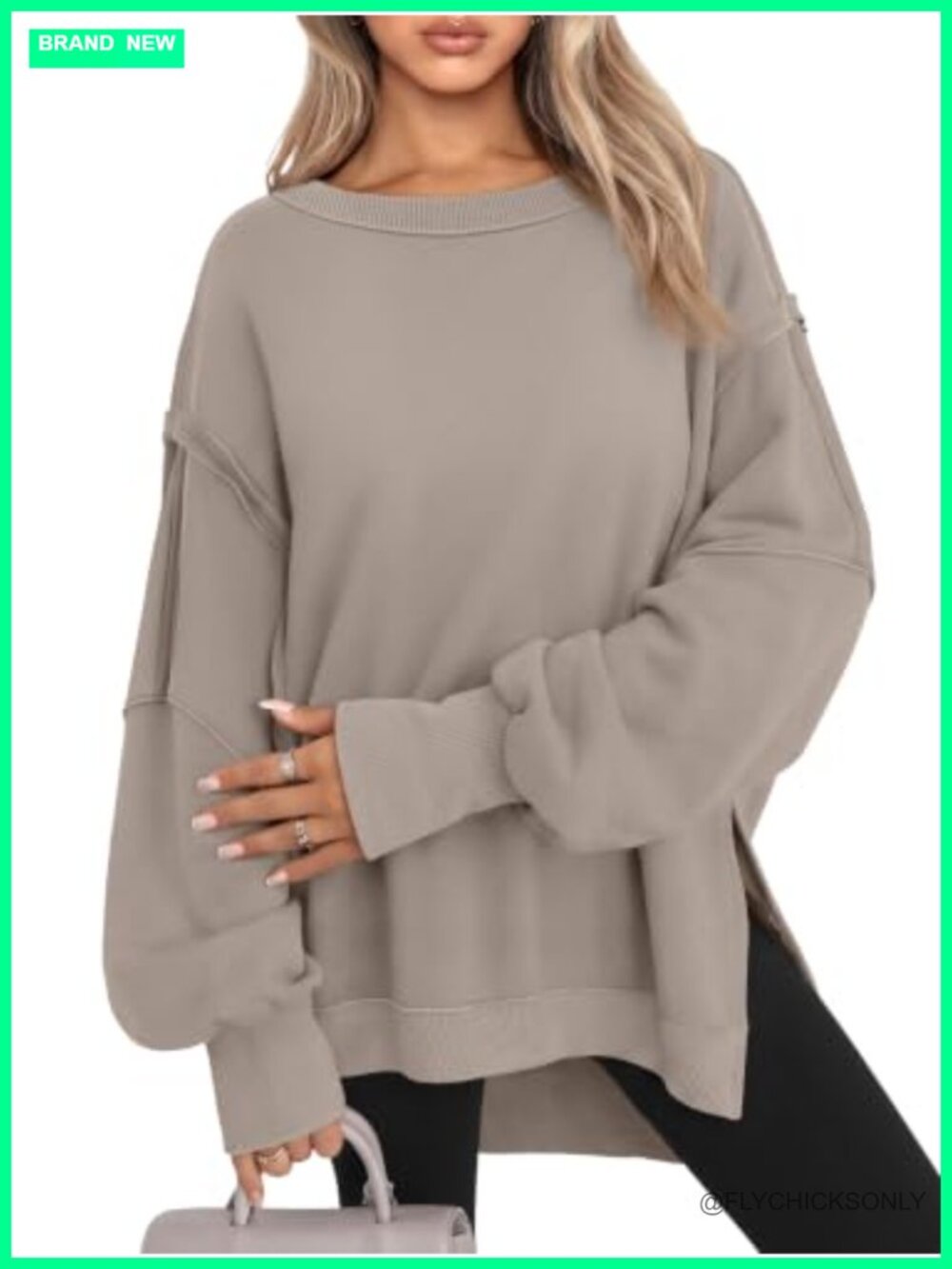 Oversized Crewneck Sweatshirt Pullover Slit Hem Casual Women's